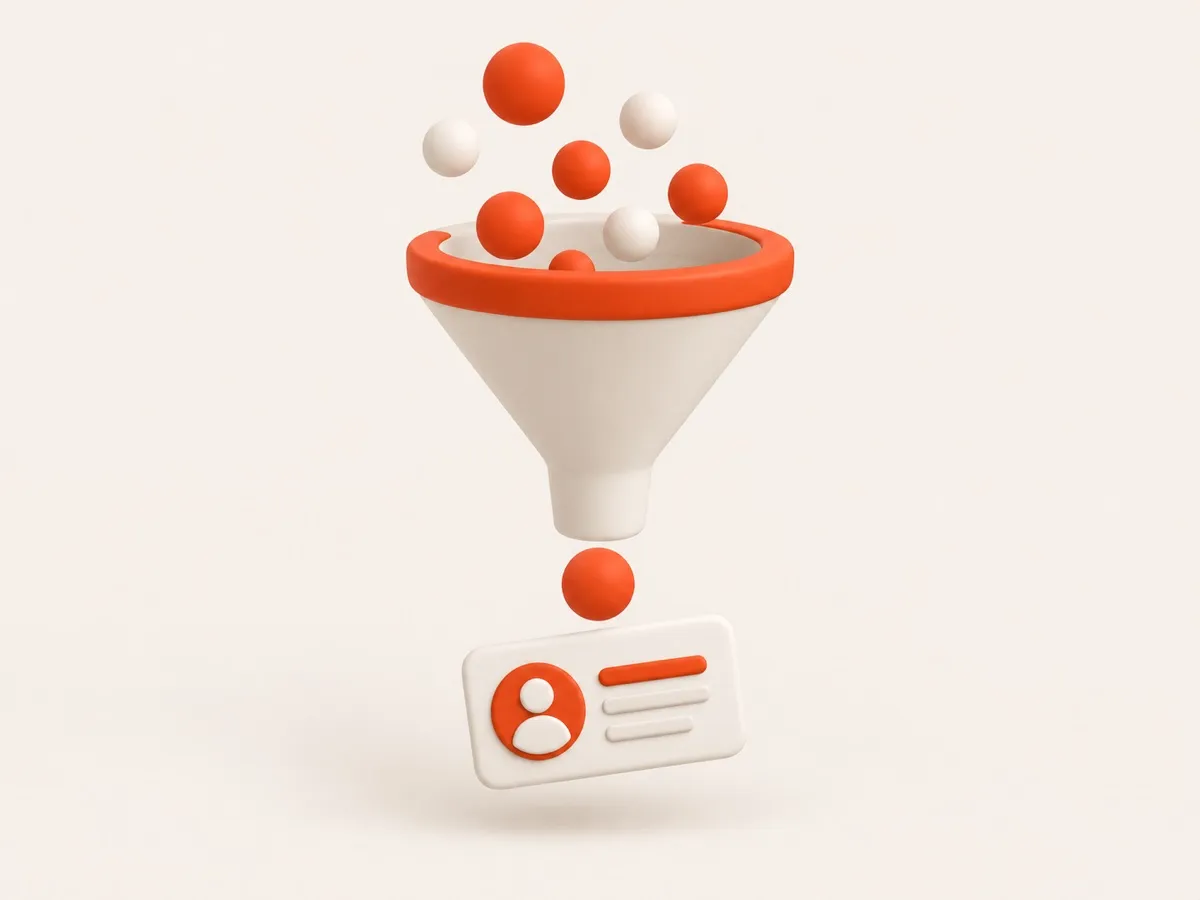 Ilustração 3D de um funil que transforma contatos em um cartão de lead