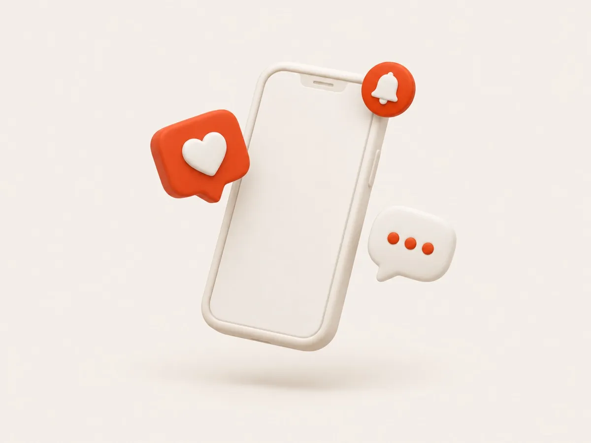 Ilustração 3D de um celular com curtidas, comentários e notificações