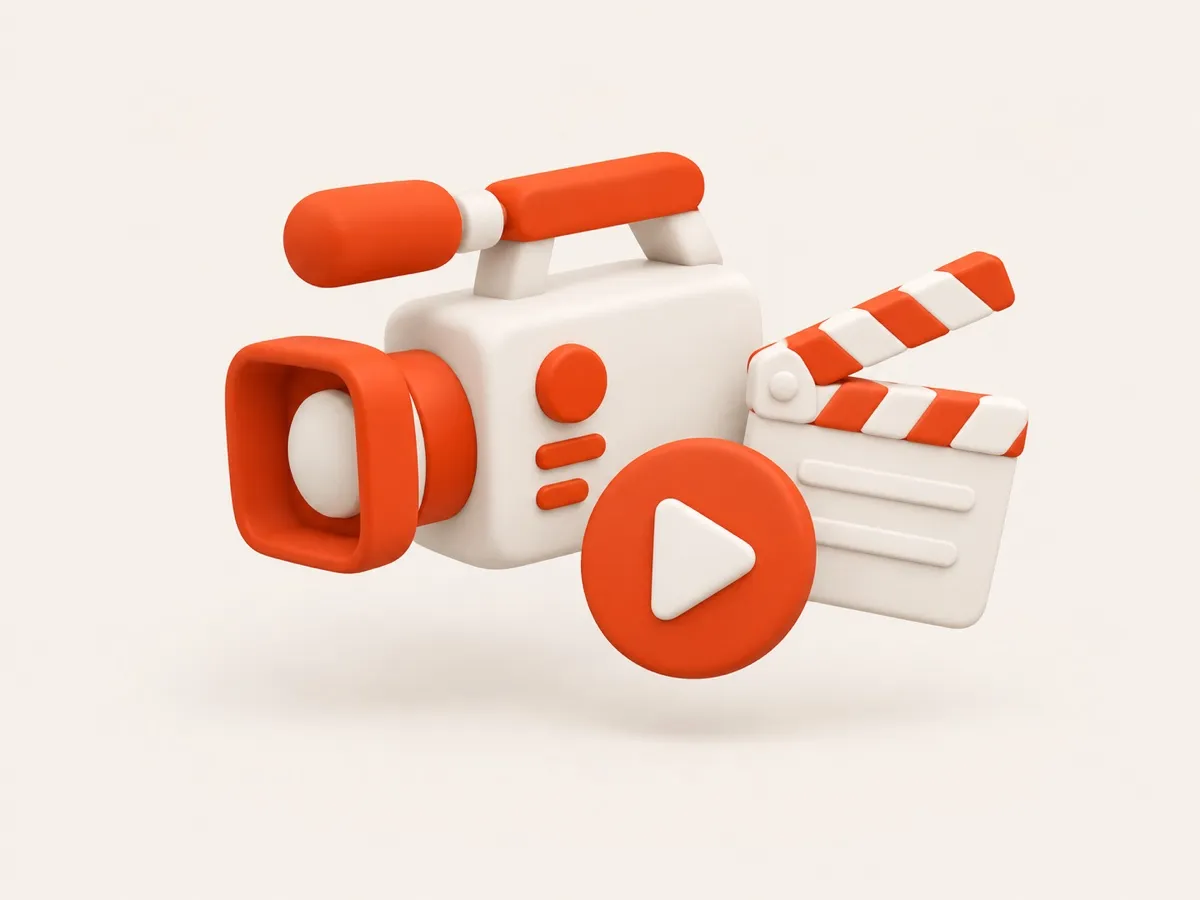 Ilustração 3D de uma câmera de vídeo, uma claquete e um botão de play